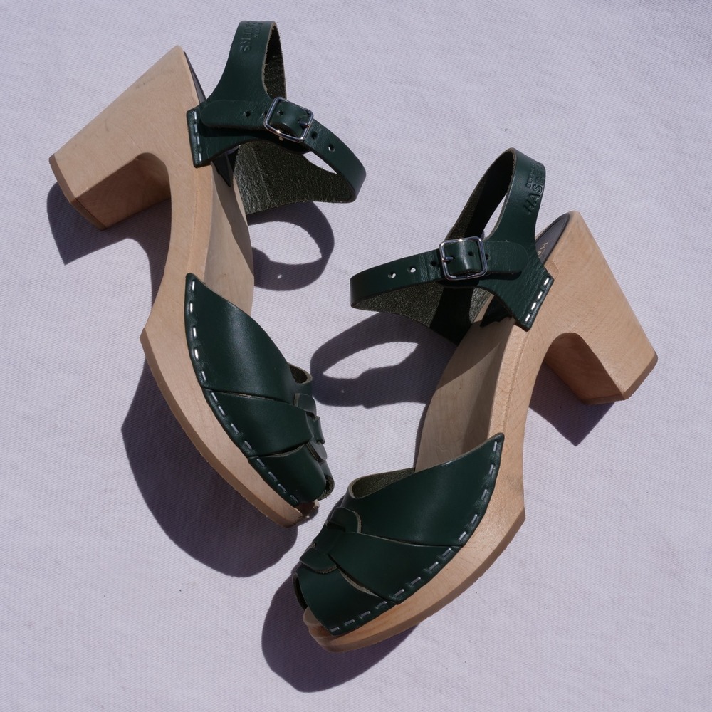 Modern Swedish Hasbeens green leather peep toe high wooden platform sandals